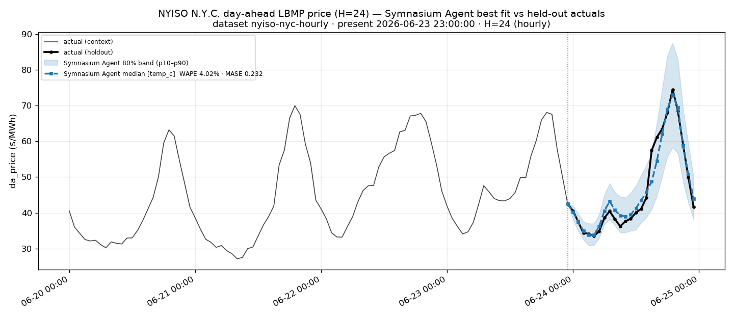 NYISO N.Y.C. day-ahead LBMP — Symnasium agent best fit (4.02% WAPE)