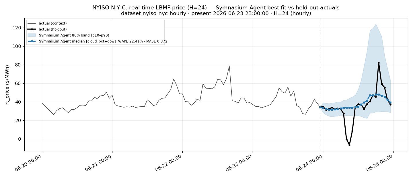 NYISO N.Y.C. real-time LBMP — Symnasium agent best fit (22.41% WAPE)